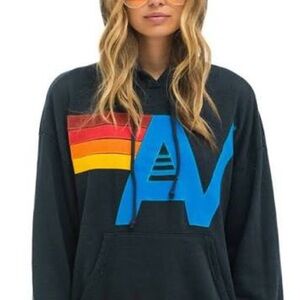 Aviator Nation Black Hoodie with Blue and Red-Yellow Stripes